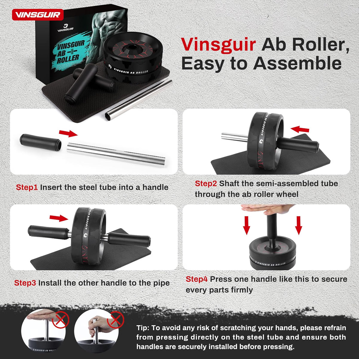 VINSGUIR Ab Roller Wheel, Dual-Wheel Abdominal Roller with Knee Pad, 440 lb Capacity, Core & Full-Body Strength Training Equipment for Home Gym, Red & Black