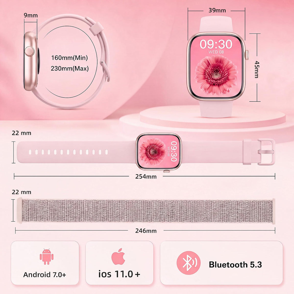 KIPTUMTEK T7 Smart Watch for Women, 1.83" HD Touch Screen, Bluetooth Calling, Fitness & Health Tracker, 2 Bands, Pale Pink