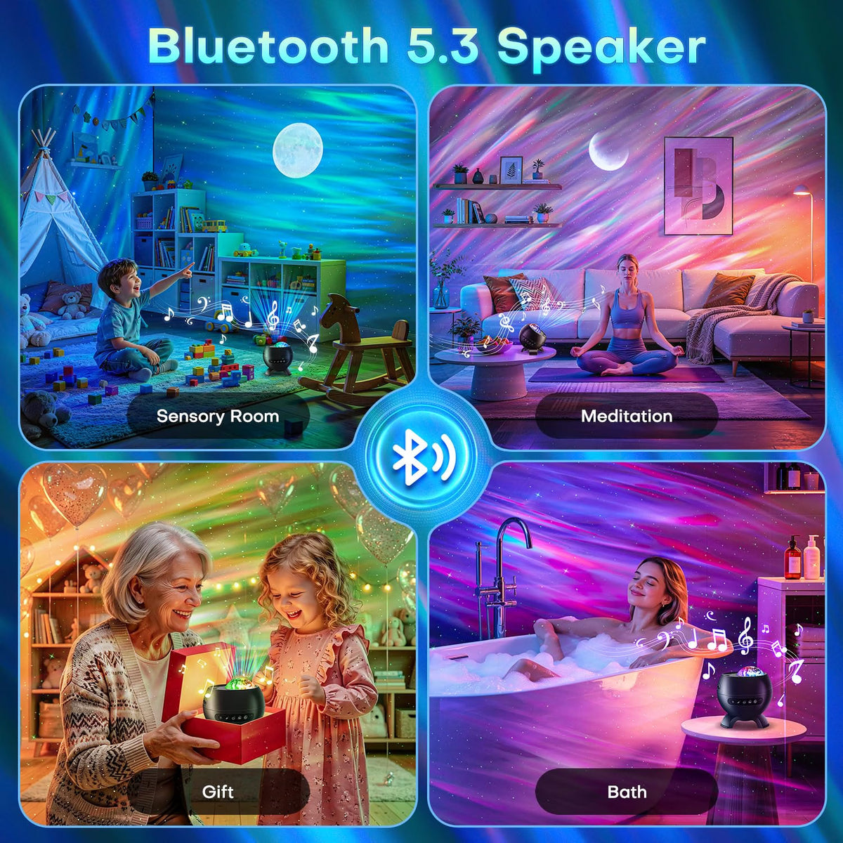 COOLNIGHT LED Aurora Sensory Light Galaxy Projector, 7-in-1 Northern Lights Star & Moon Projector with Bluetooth 5.3 Speaker, White Noise Sound Machine, Remote & Timer