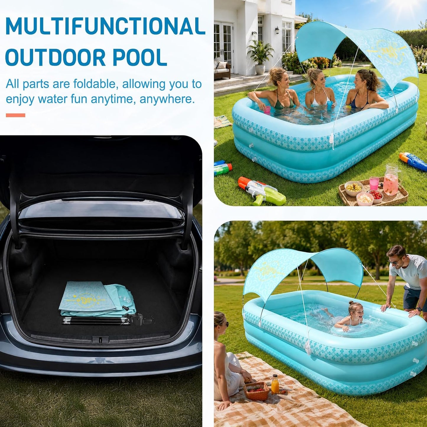 Kiddie Pool with Canopy, Extra Large Inflatable Swimming Pool with Sunshade, Reinforced PVC Family Pool with Drain Hole for Backyard, Beach and Outdoor Use