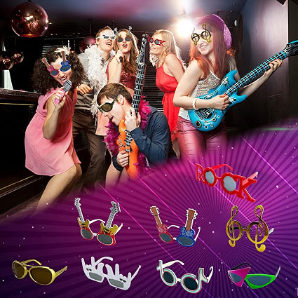 NICOWARM Rock Star Party Sunglasses & Inflatable Props Set, 8 Funny Music Glasses, 8 Inflatable Guitars & 8 Microphones with Hand Inflator, 24-Piece Rock and Roll Party Kit
