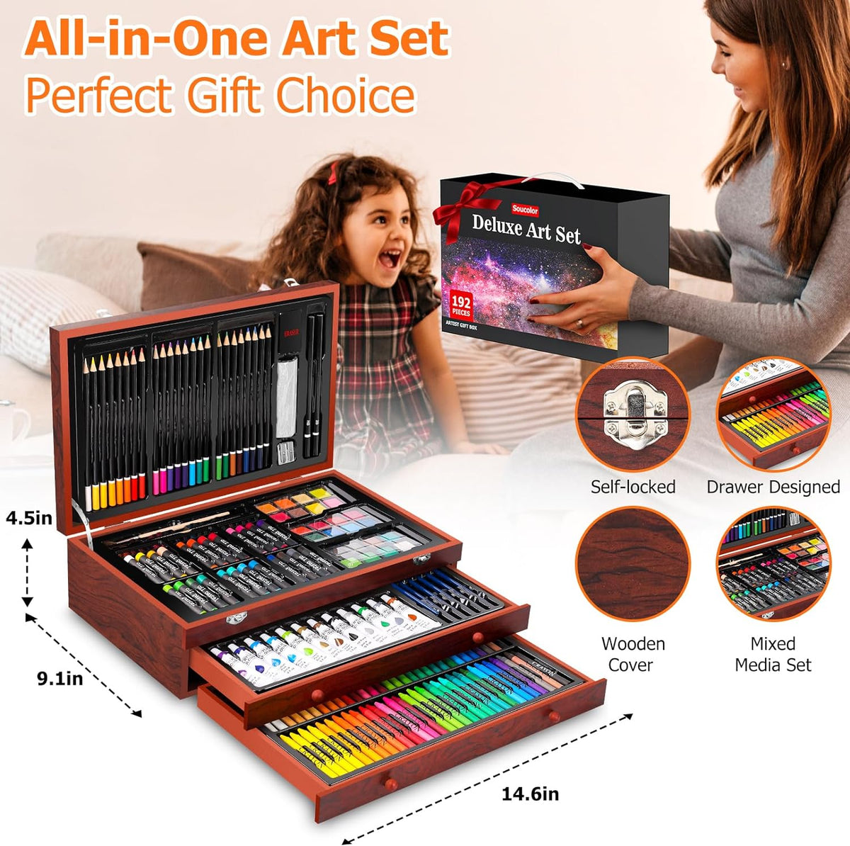 Soucolor 192-Piece Deluxe Art Set, Drawing & Painting Supplies Kit with Acrylics, Watercolors, Colored Pencils, Oil Pastels, Canvas Boards & Wooden Case for Adults & Artists
