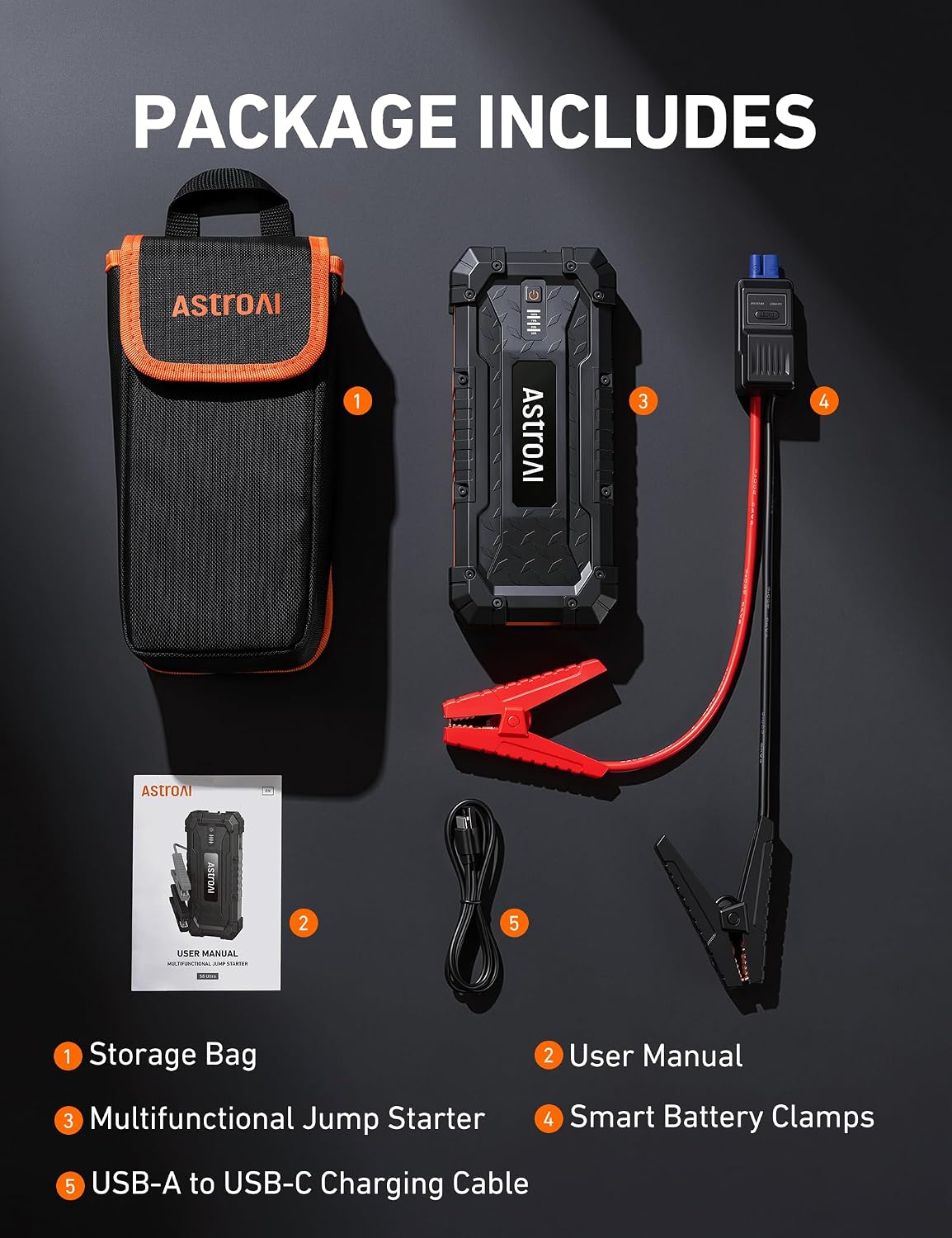AstroAI S8 Ultra 12V 4000A Lithium Jump Starter Up to All Gas/12L Diesel Heavy-duty Battery Booster with Smart Jumper Cables, Type-C Power Bank, 3-Mode LED Flashlight, Rugged Protection, Orange
