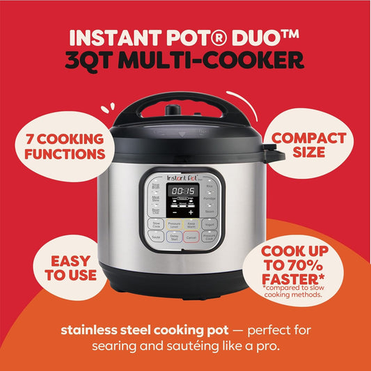 Instant Pot Duo Olla a presión eléctrica 7 en 1, cocina lenta, arrocera, vaporera, salteadora, yogurtera, calentador y esterilizador, incluye aplicación gratuita con más de 1900 recetas, acero inoxidable, 3 cuartos de galón