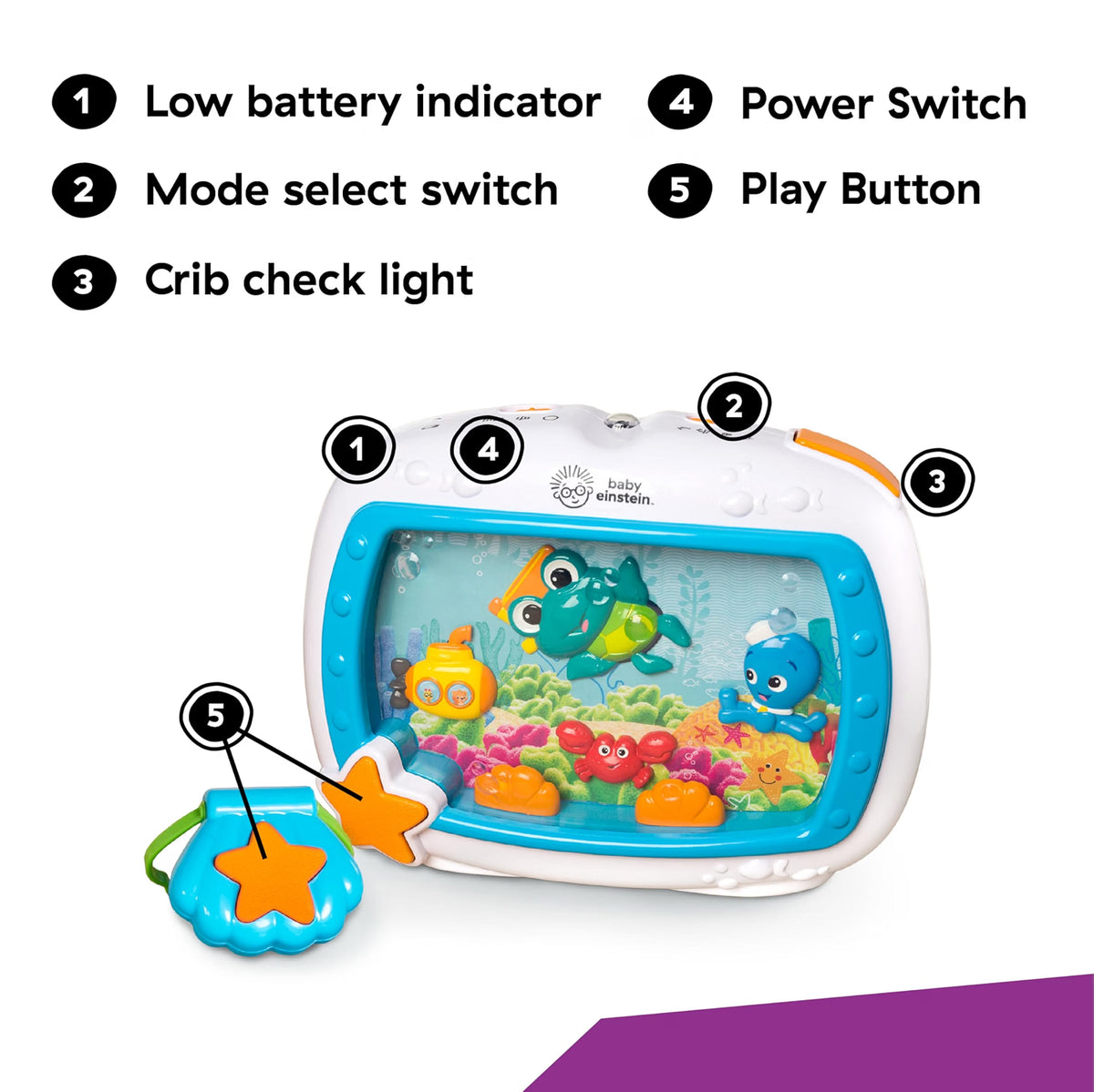 Baby Einstein Sea Dreams Soother Musical Crib Toy & Sound Machine, 25-Minute Light Effects, Remote Control, Newborn & Up, Neutral