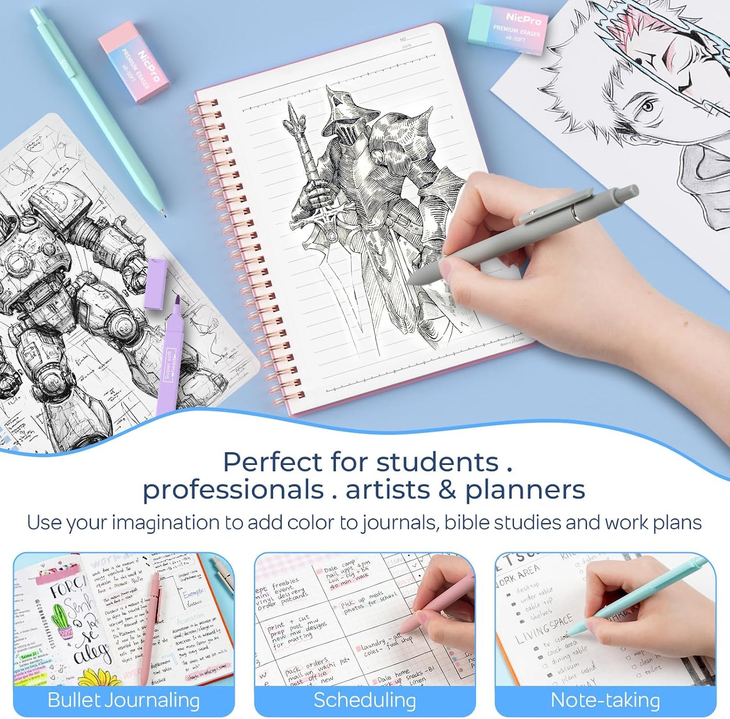 Nicpro 50PCS Cute Spiral Notebook Stationery Set for Women, A5 Notebooks with Mechanical Pencils, Gel Pens, Highlighters, Sticky Notes and Index Tabs