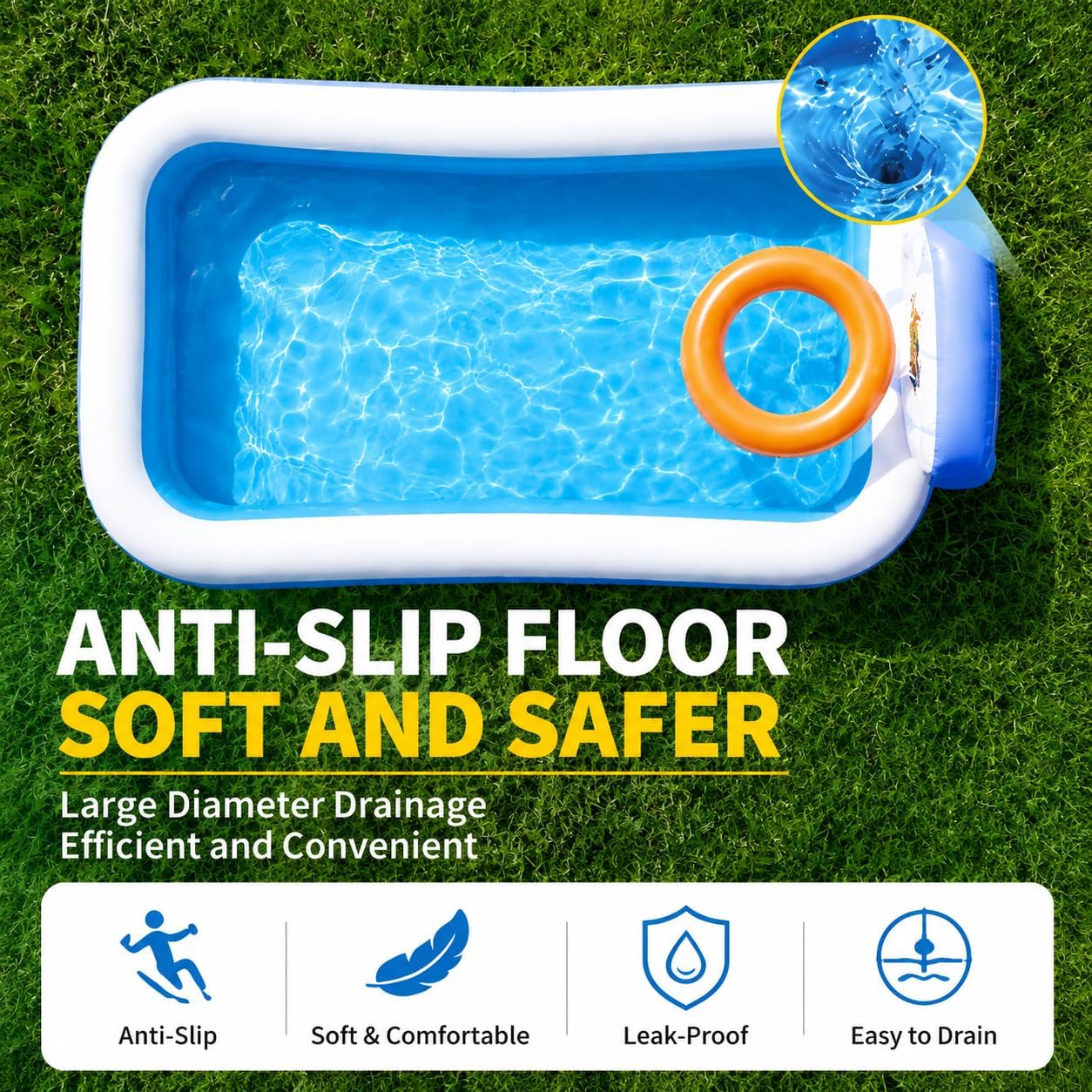 Inflatable Swimming Pool, 120" x 72" x 24", 380-Gallon Rectangular Family Pool with Thickened PVC, Anti-Slip Inflatable Floor for Kids & Adults, Backyard Garden Lawn