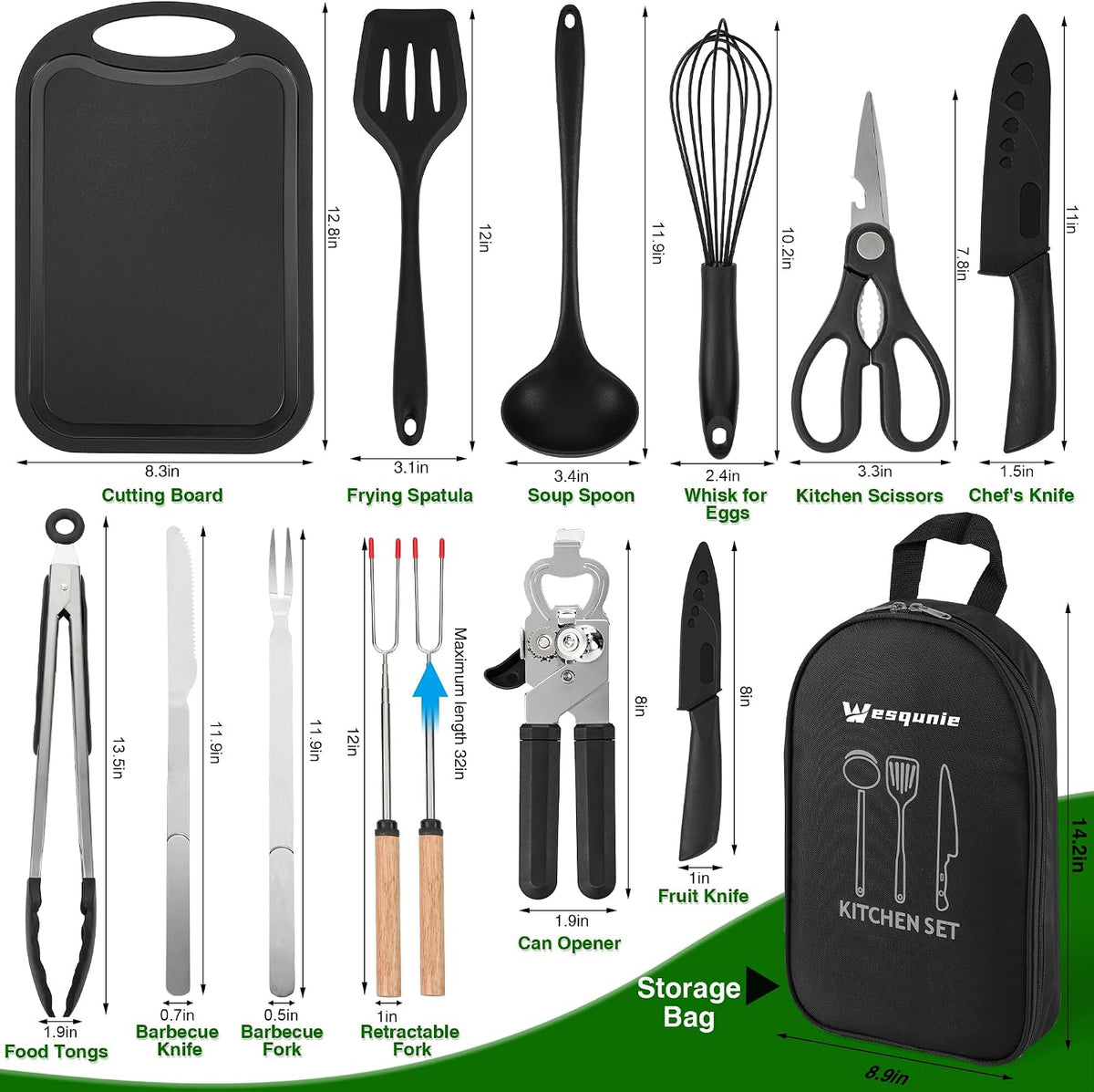 Wesqunie Camping Cooking Utensils Set, Cookware Set for Outdoor Hiking BBQ Stainless Steel & Silicone Mess Kit, Durable Outdoor Kitchen Gear for Hiking, RV, Picnic Grill & Travel Camping Meal Prep