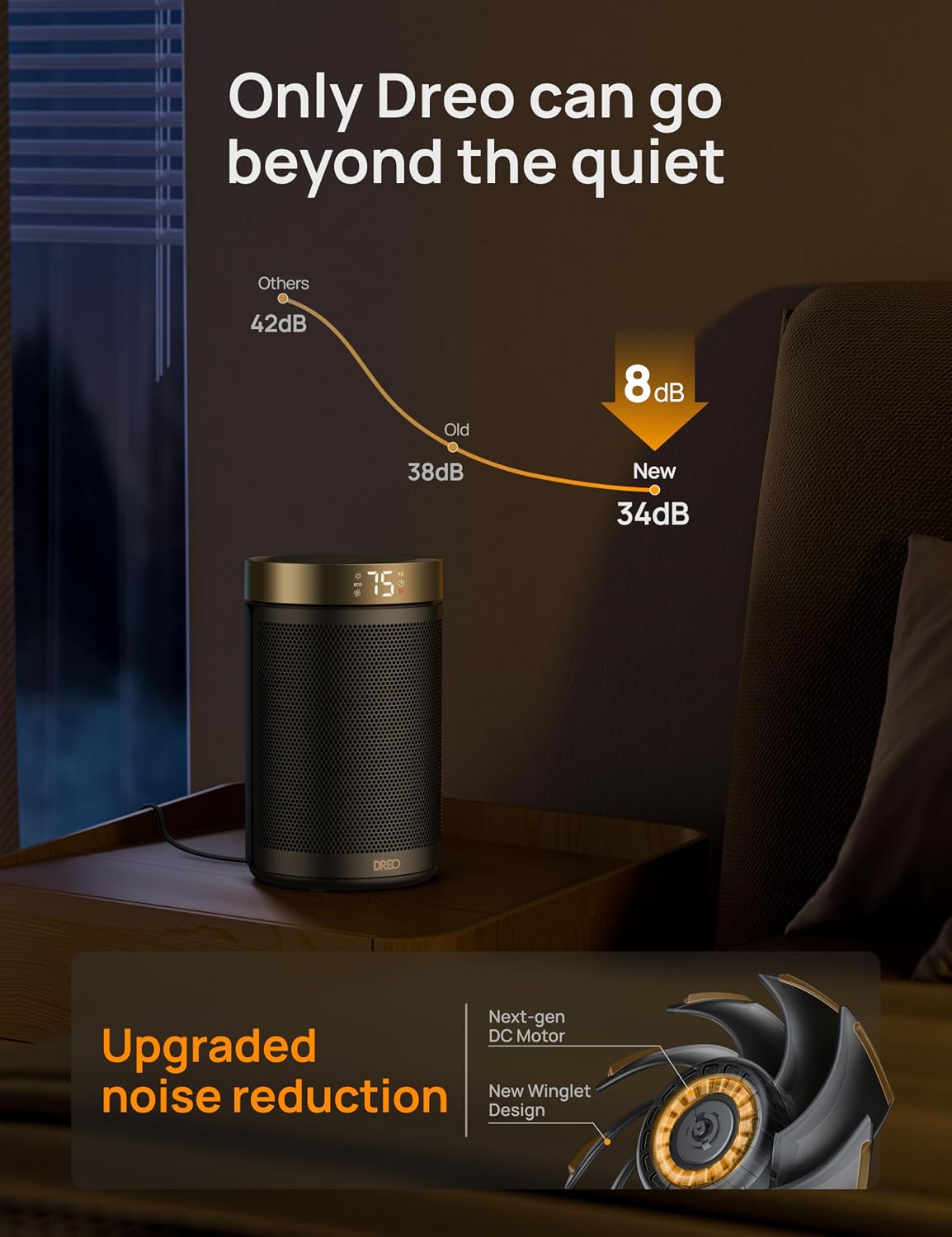 DREO Space Heater, Portable Electric Heaters for Indoor Use with Thermostat 2026 Upgraded, 34dB Quiet, 12H Timer, 5 Mode, Remote, 1500W PTC Ceramic Fast Safety Heat for Office Bedroom Home, Gold