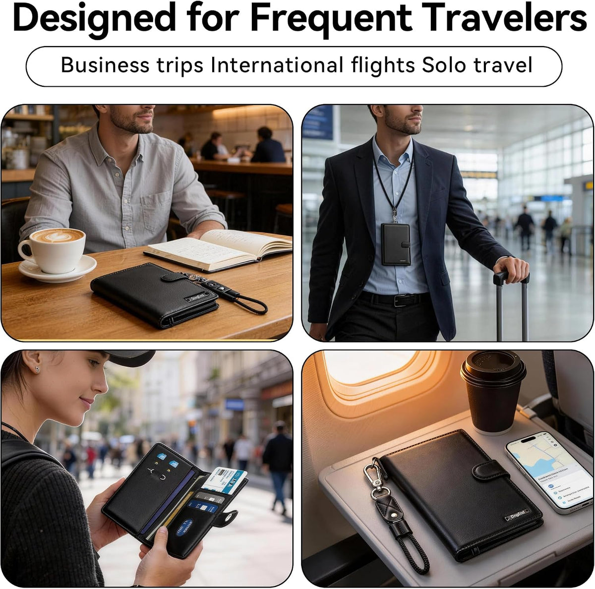 Trackable Passport Holder for Travel, RFID Blocking Wallet, Black Premium Pebbled PU Leather Cover, Works with Apple Find My, Is MFi Certified, for iOS Devices Only, with Card Slots & Lanyard