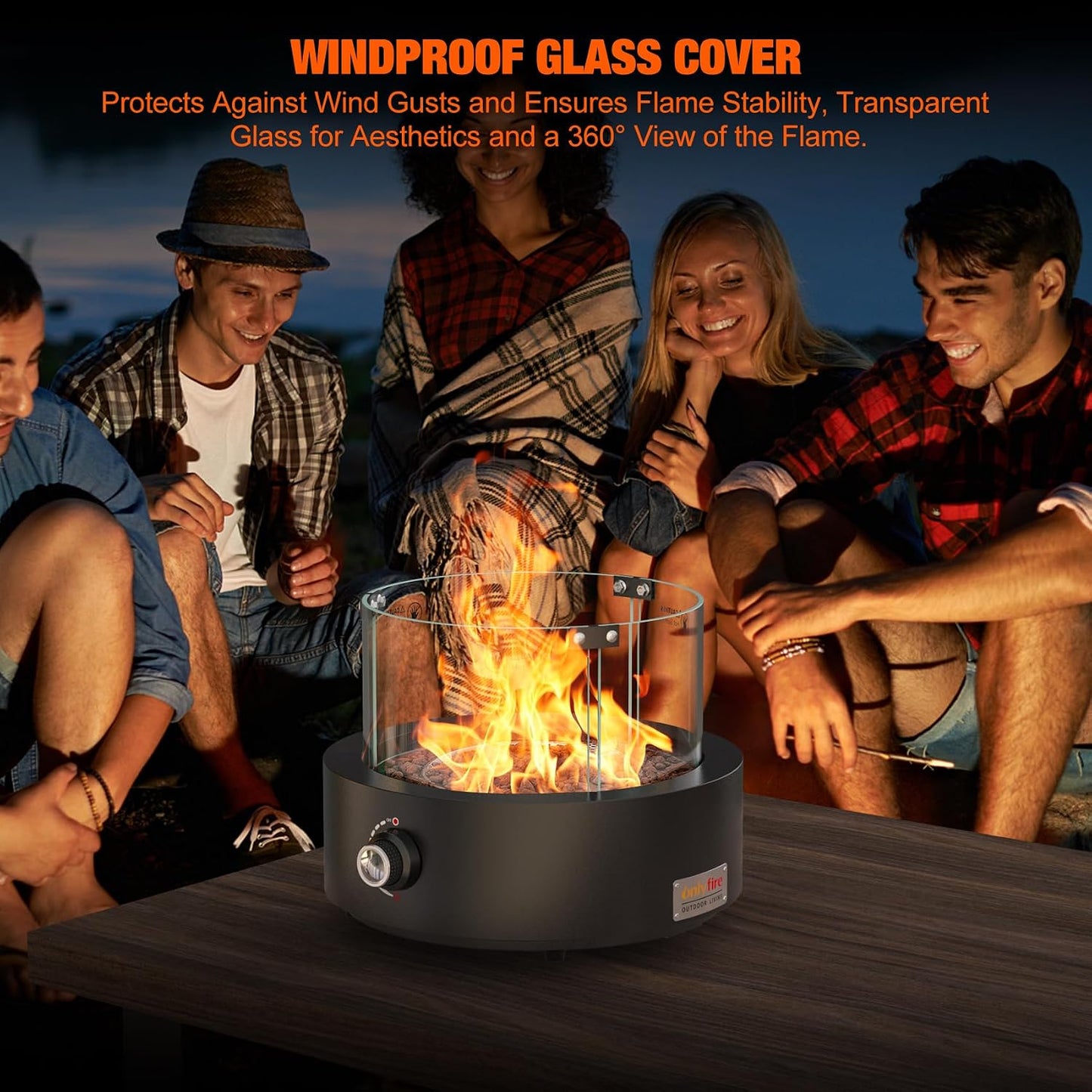 15.7" Propane Gas Fire Pit Side-Mounted, Portable Tabletop Fireplace, FP038 Portable Smokeless Fireplace with Lava Rocks & Glass Shield for Outdoor Patio Backyard Camping RV Tailgating, Round