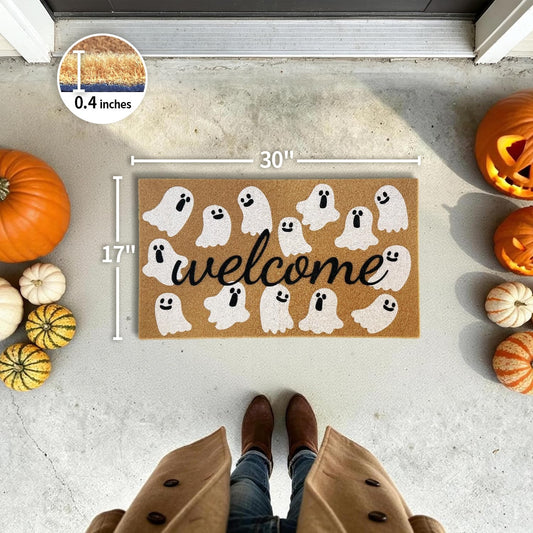 PKFEDR Halloween Door Mat, 17 x 30 Inch Non-Slip Front Welcome Mat, Spooky Ghost Outdoor Indoor Doormat, Weather Resistant Entryway Rug