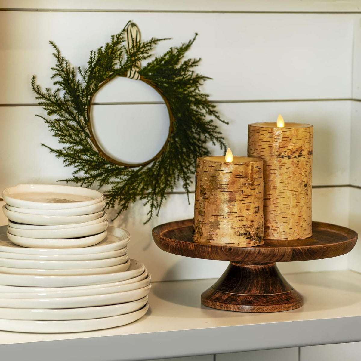 Luminara Real Birch Bark Wrapped Flameless LED Candle, 4" x 5.3", Battery Operated Moving Flame Pillar Light with Timer - Natural Decor Unscented