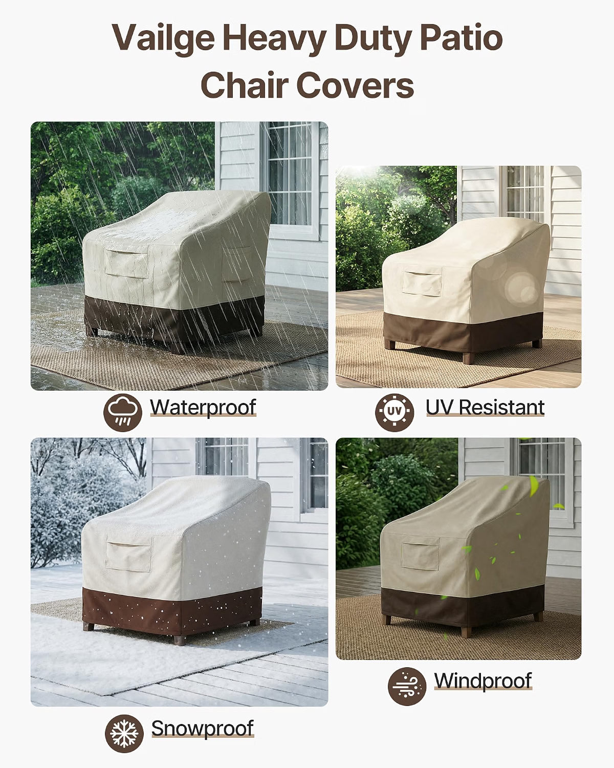 Vailge Heavy-Duty Waterproof Patio Chair Covers, 2-Pack, Beige & Brown