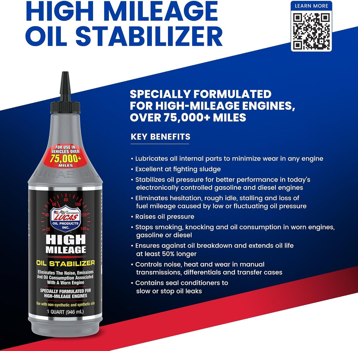 Lucas Oil 10118 High Mileage Oil Stabilizer, 1 Quart Engine Oil Additive for Cars, Trucks, ATVs & UTVs