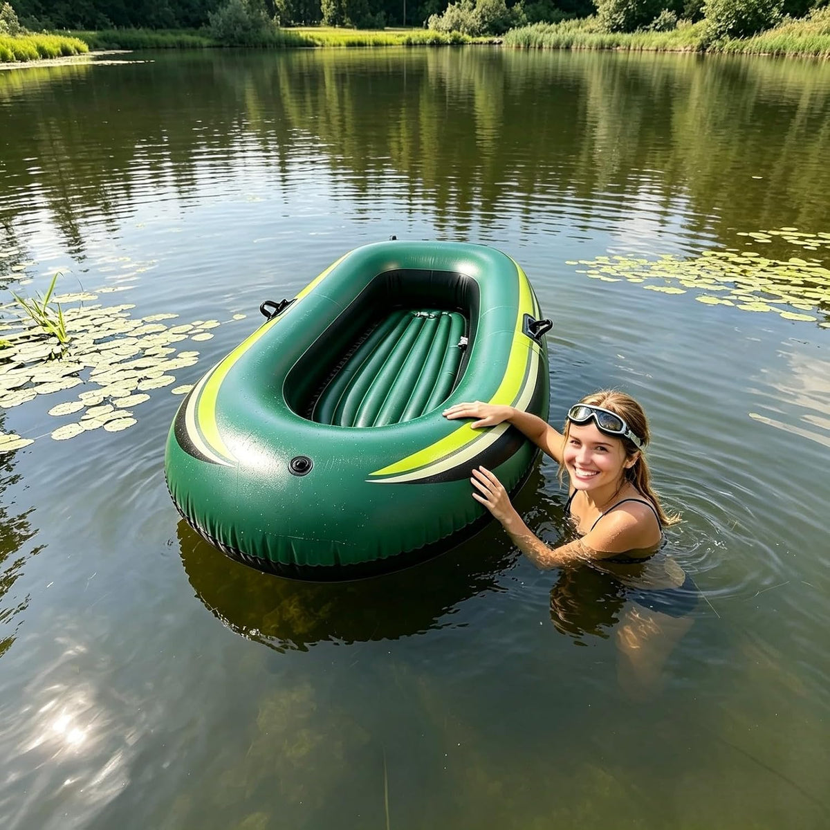 Inflatable Boat for One Person, 198 lb Capacity, PVC Single-Person Raft with Foot Pump & Carry Bag, Inflatable Fishing Boat for Pools, Ponds & Calm Shallow Water, Green & Yellow