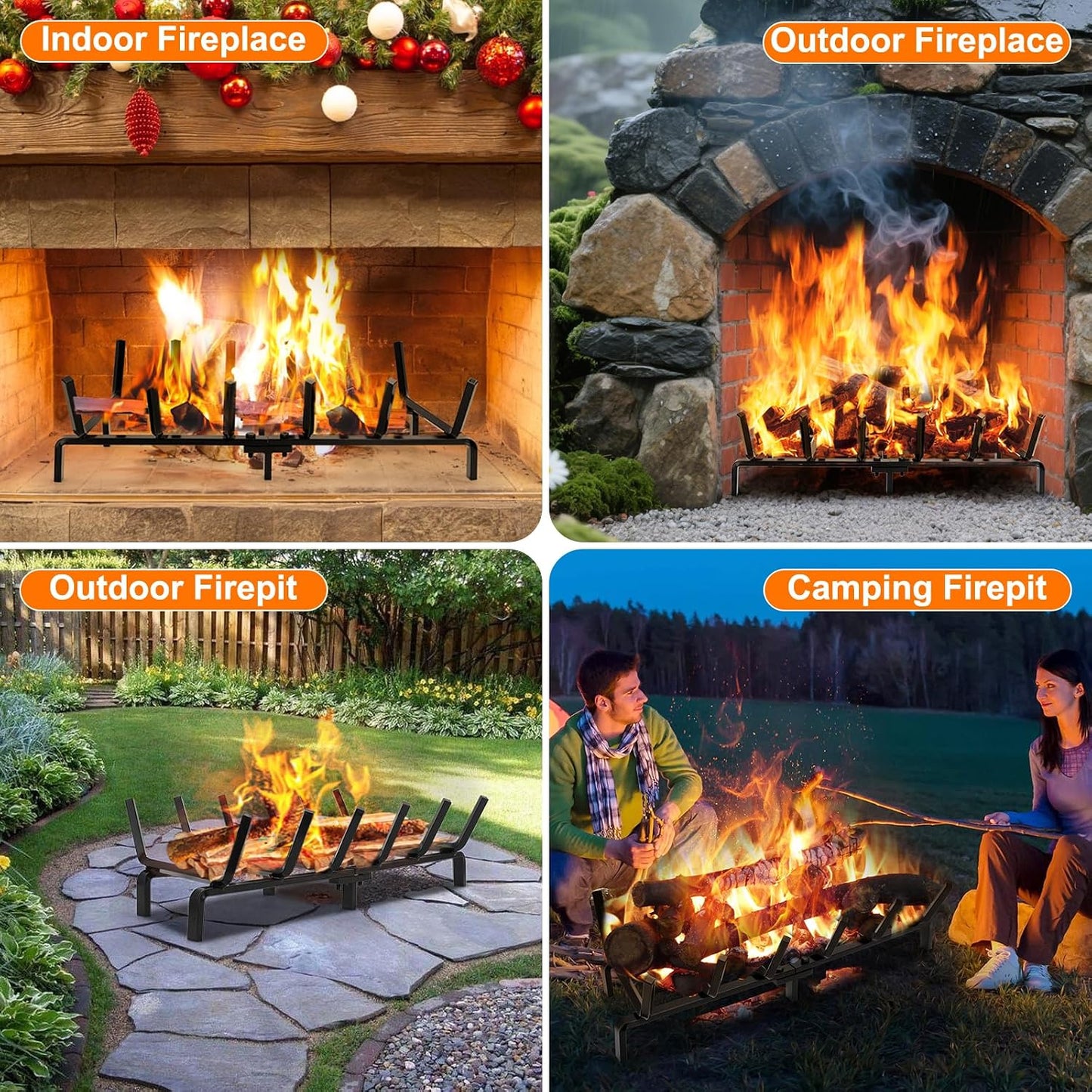 FEED GARDEN Fireplace Grate 24 inch Heavy Duty Fireplace Log Holder, 1/2" Solid Steel Bar Fire Pit Grate for Indoor Outdoor, Wood Stove Fireplace Accessories Wrought Iron Firewood Burning Rack