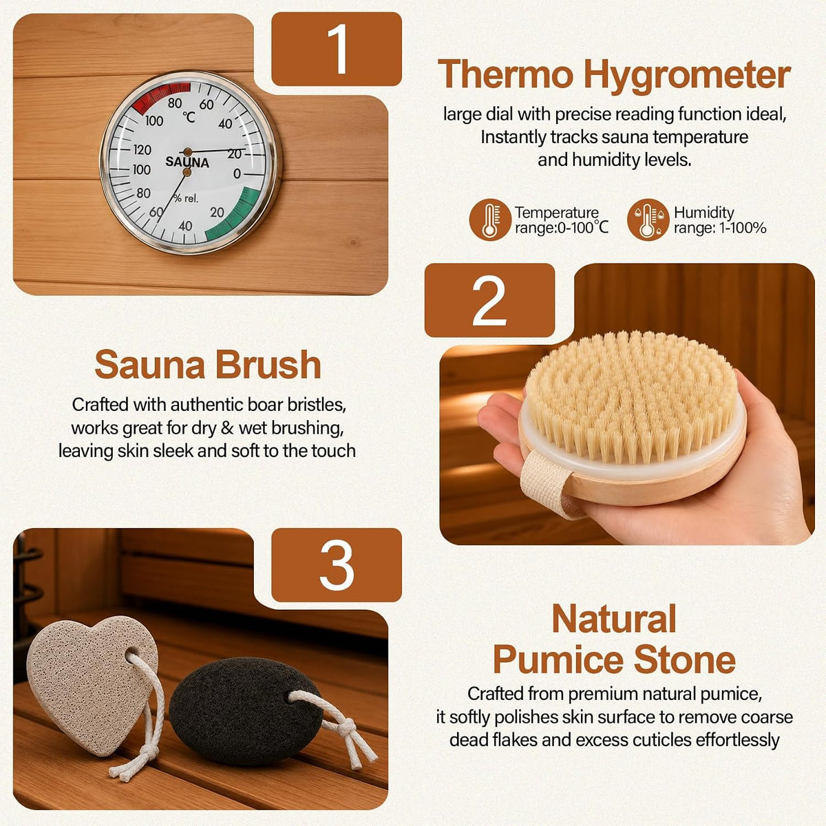 11 Pcs Sauna Accessories Set, Canadian Red Cedar 4L Wooden Sauna Bucket Kit Includes Scoop, Granite Aroma Cup, Thermo‑Hygrometer, Wall Timer, Brush, Cap, Mat, Gloves, Dual Pumice Stones for Home Sauna