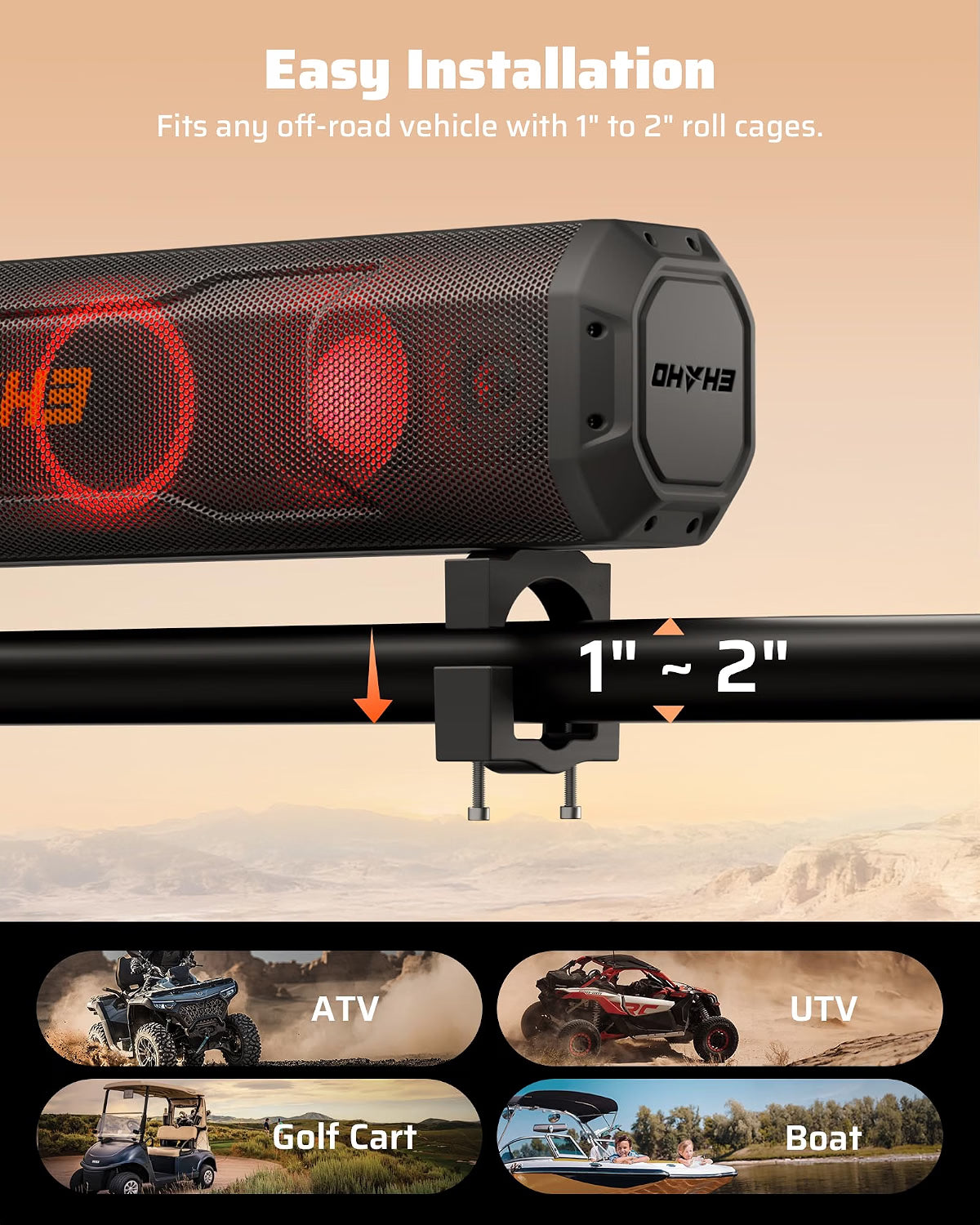 Ehaho 26" UTV Sound Bar, 500W Bluetooth Sound System with RGB Party Lights, IP66 Waterproof 6-Speaker Audio for Golf Carts, ATVs & UTVs