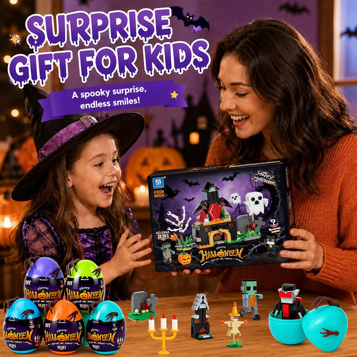 Cleboen Halloween Building Blocks Blind Eggs, 12-in-1 Haunted House Mini Building Block Sets, Surprise Eggs Party Favors for Kids Ages 6-12, Halloween Toys & Goodie Bag Stuffers