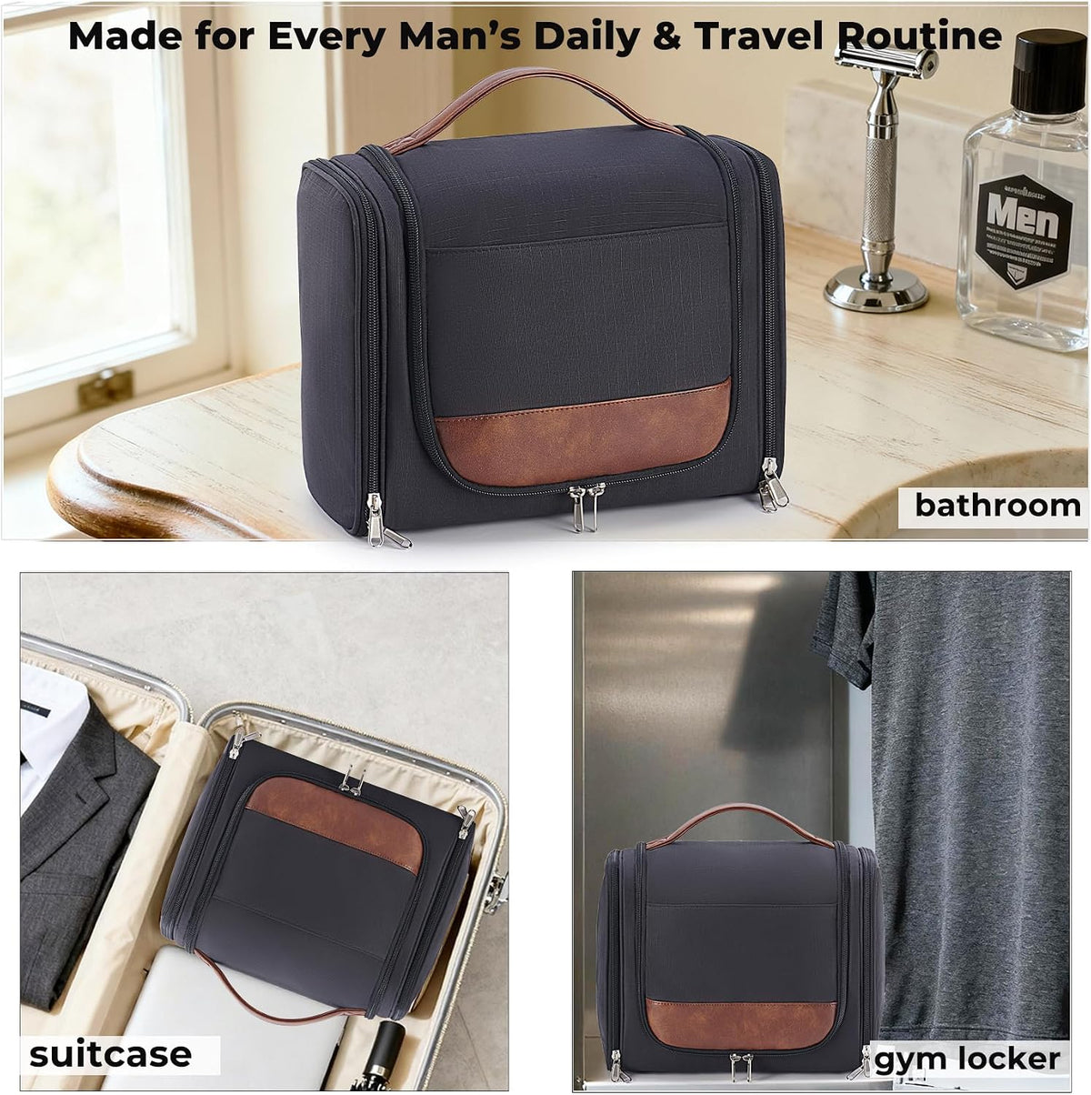 Ralnitote Toiletry Bag for Men, Large Hanging Travel Toiletry Bag, Black Shower & Hygiene Bag with Hook, Multiple Compartments for Shaving, Grooming & Bathroom Essentials, Ideal for Business & Trips