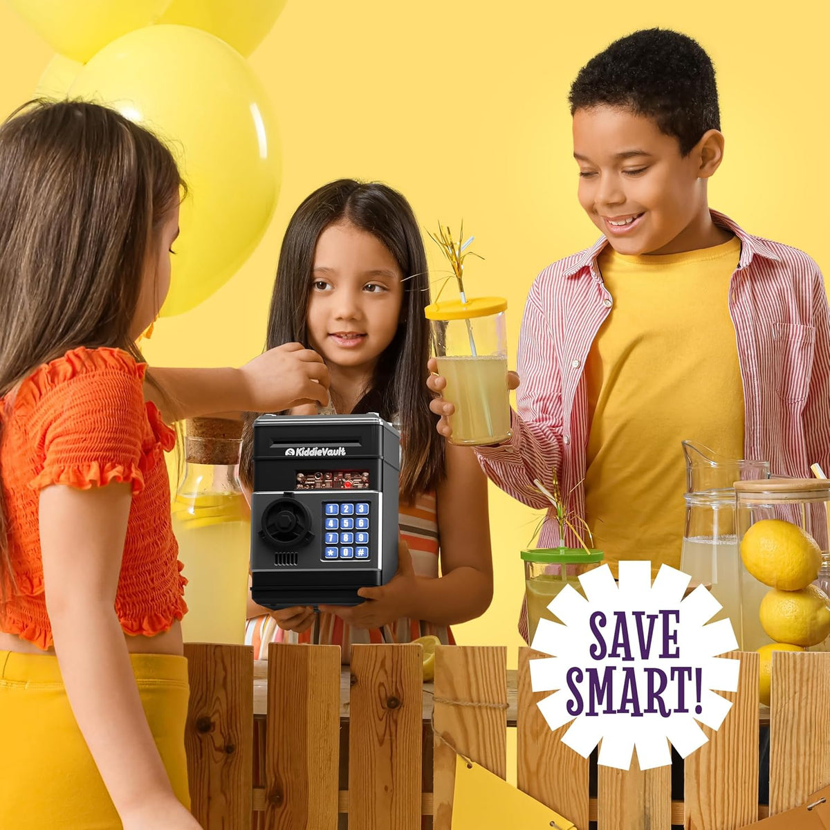 Imagineers KiddieVault Electronic Piggy Bank for Kids, Money Saving Box with Secret Passcode, Automatic Bill Feeder, Lights & Sounds, ATM Safe Toy, Black & Silver