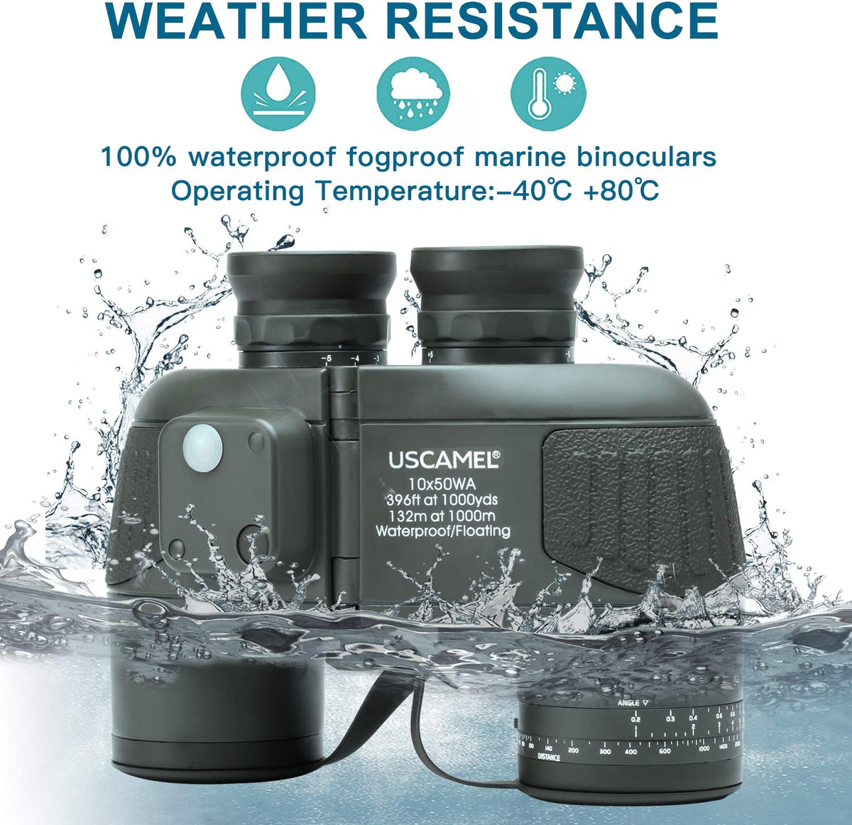 USCAMEL 10X50 Marine Binoculars for Adults, IPX7 Waterproof Binoculars with Illuminated Compass & Rangefinder, BAK4 Prism, Fully Multi-Coated, for Sailing, Boating, Fishing & Outdoor Use