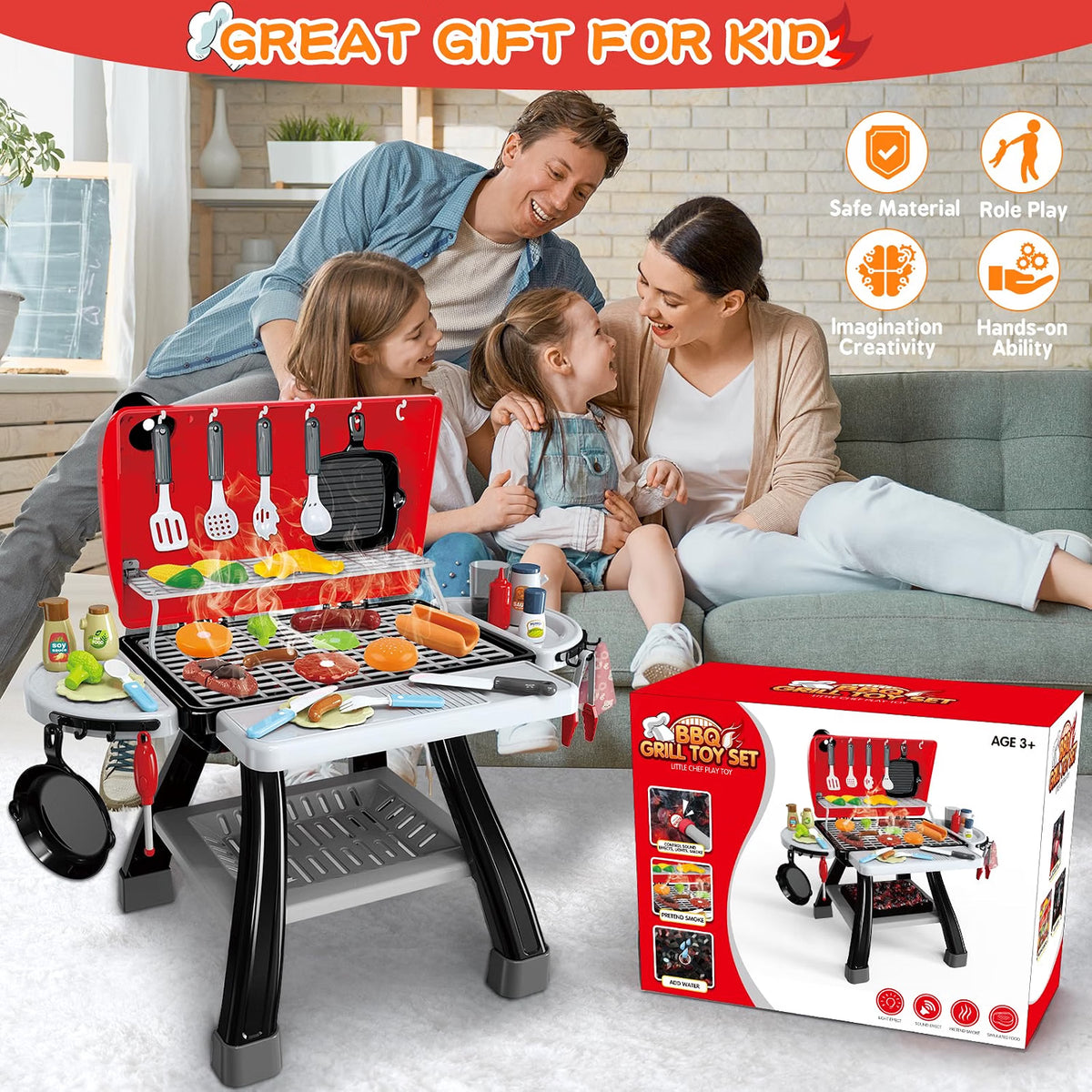 Bstoyder Kids BBQ Grill Playset, 73-Piece Pretend Kitchen Playset with Smoke, Sound & Light, 2-Layer Outdoor Grill Toy with Play Food & Accessories for Toddlers, Red