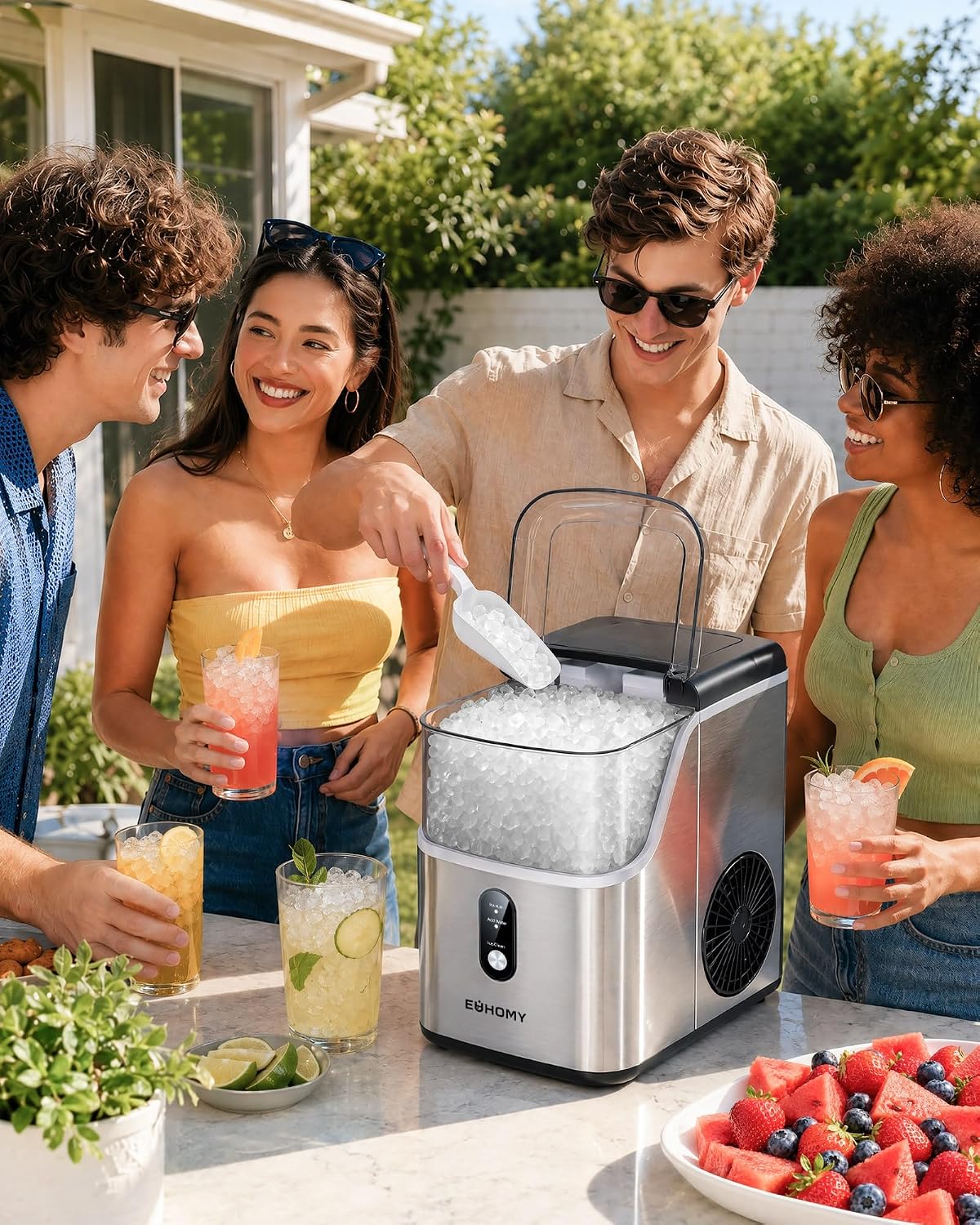 EUHOMY Nugget Ice Maker Countertop, Ready in 7 Mins, 35Lbs/24H Pebble Ice Maker Machine, Self-Cleaning Countertop Sonic Ice Makers with Ice Scoop&Basket, Pellet Ice Maker for Home, Stainless Steel