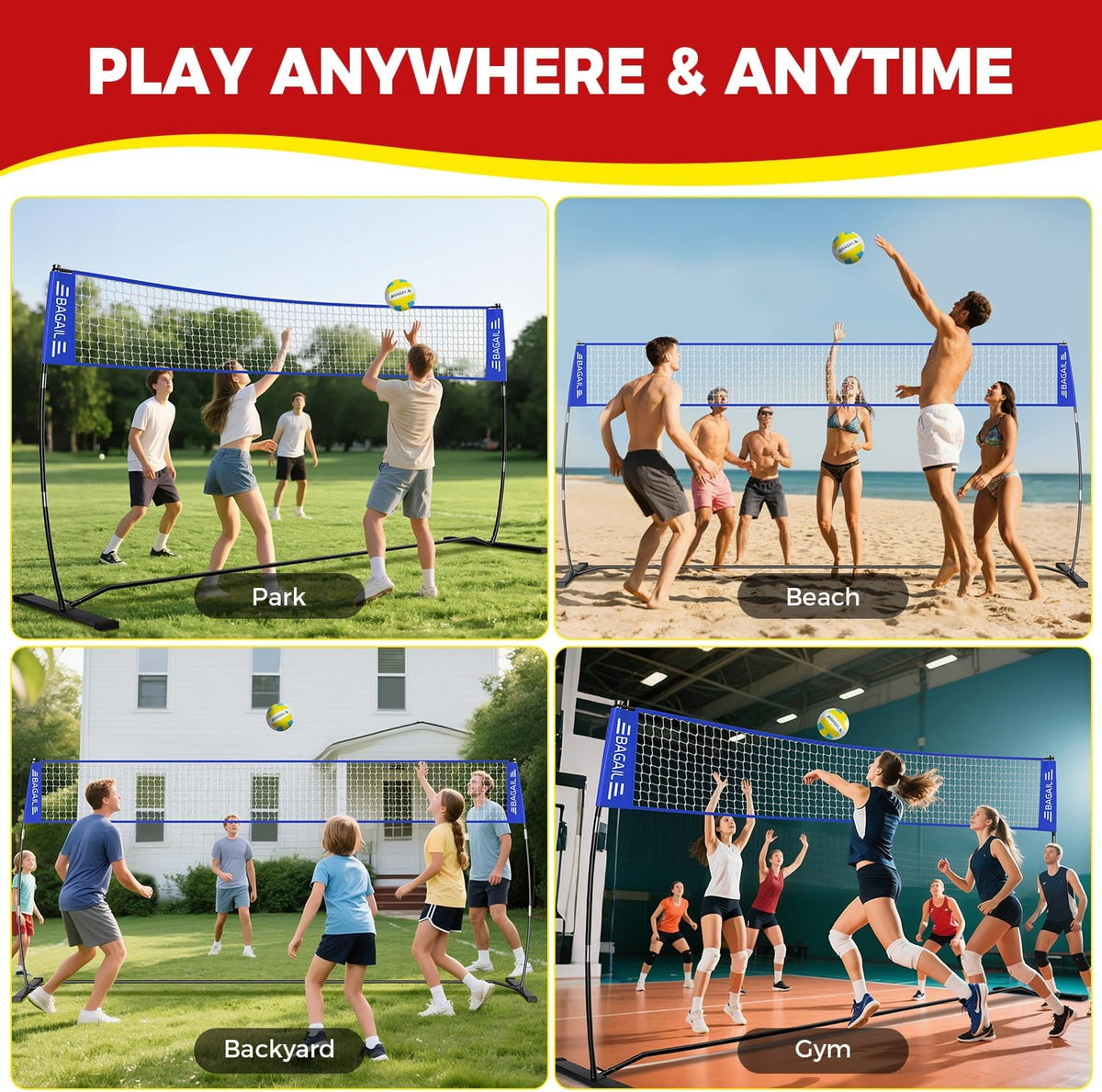 BAGAIL 12FT Portable Volleyball Net Set, Adjustable Height Freestanding Volleyball Net with Heavy-Duty Frame, Carry Bag, Ball & Pump
