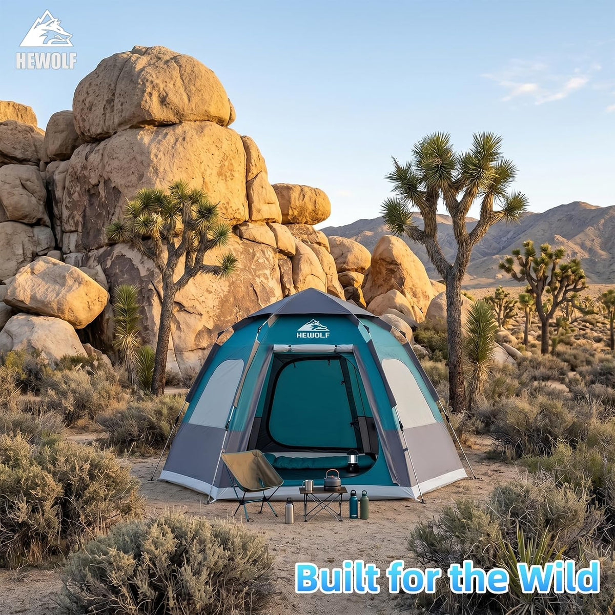 HEWOLF 2-4 Person Camping Tent, Instant Pop-Up Waterproof 2-Door 3-Season Hexagonal Dome Tent with Rainfly, Spacious Family Tent for Camping, Hiking & Travel, New Blue