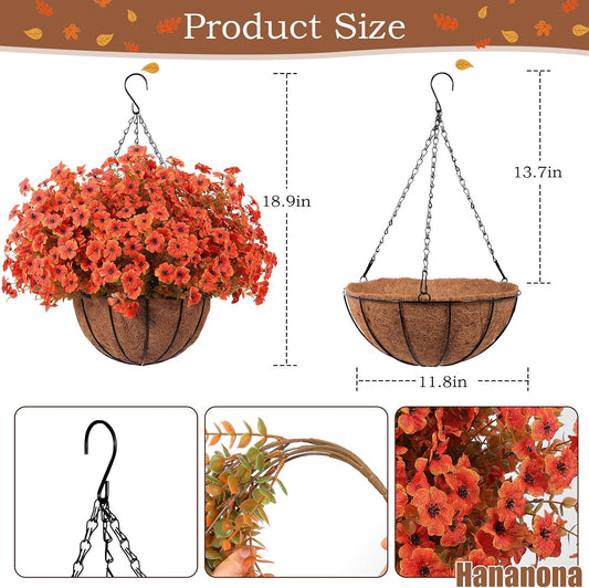 Hananona 24 Pcs Artficial Outdoor Flowers with Hanging Baskets, Orange Fall mums 2 Pack Hanging Planter with Outdoor Fall Flowers for Autumn Porch Garden and Home Patio Yard Decor (2, Orange)
