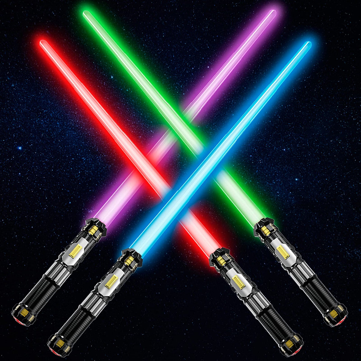 Cawiew 4-Pack Light Up Swords with FX Sound, Retractable LED Toy Swords with Motion-Sensitive Sound Effects, 4 Colors for Kids & Adults, Battery Powered