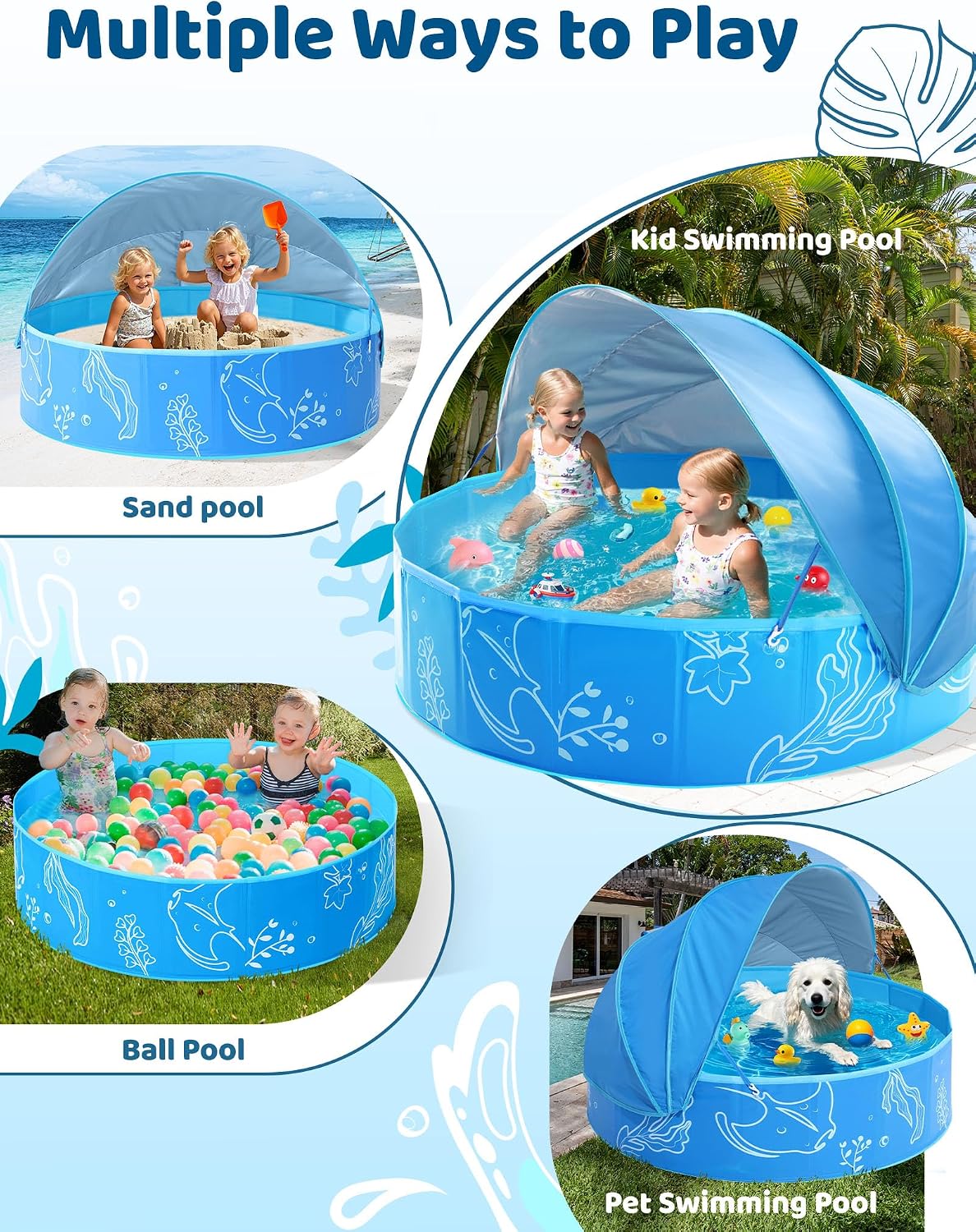 Foldable Kiddie Pool with Canopy 47" x 47" x 12", Portable Baby and Toddler Swimming Pool with Removable Sunshade, Round Water Play Pool for Kids and Dogs, Backyard Beach Pool, Blue