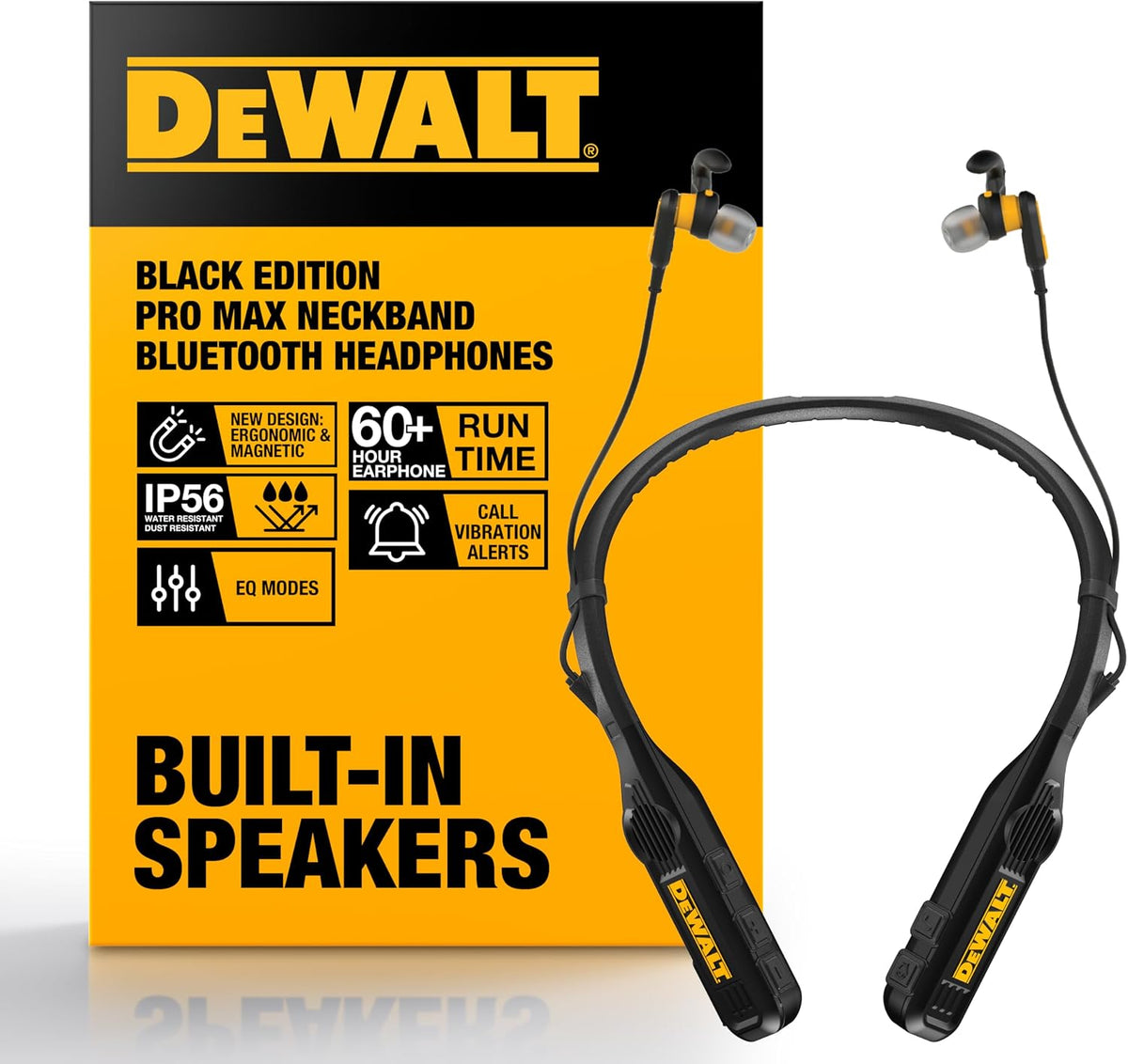 DEWALT Heavy Duty 2-in-1 Neckband Bluetooth Headphones w/Built-in Speakers, Jobsite Wearable Speaker & Around Neck Headphones, Wireless Bluetooth Headset, 60+ Hrs Hands-Free Music/Calls, Carry Pouch