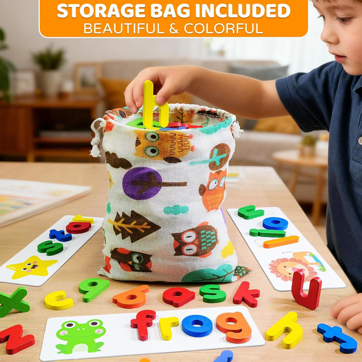 BEESTECH Alphabet ABC Learning Educational Toys for Toddlers, Wooden Letter Matching Game with 28 Flash Cards & 52 Letters, Preschool ABC Learning Toy for Ages 3–4, Gift Set