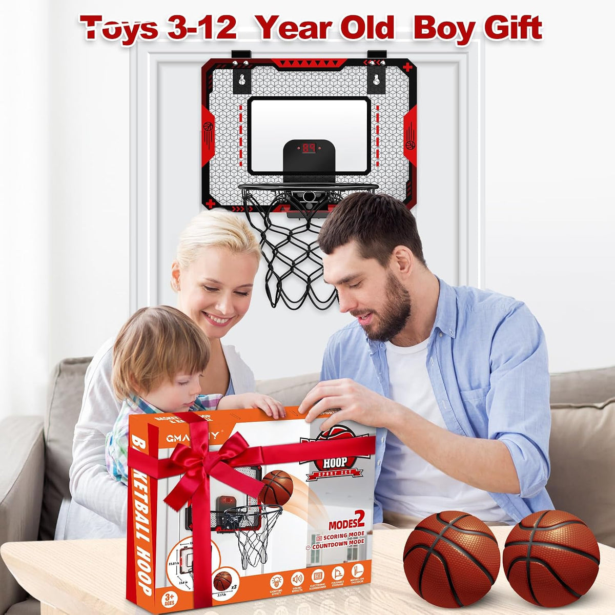 GMAOPHY Mini Basketball Hoop for Kids, Over-the-Door Indoor Basketball Hoop with Electronic Scoreboard, 3 Balls & Pump, Foldable Basketball Set, Red