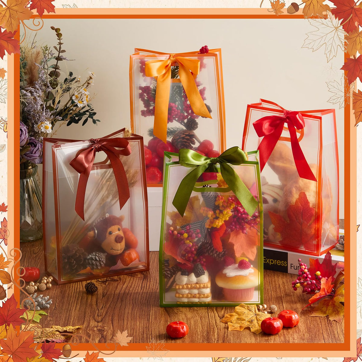 Mooliwe 12-Pack Fall Clear Plastic Gift Bags with Handles and Ribbons, Thanksgiving Goodie Bags for Candy, Small Gifts, Party Favors & Autumn Events