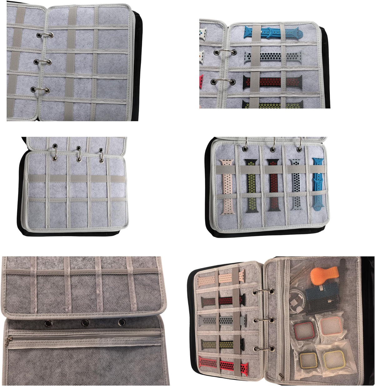 50-Slot Felt Watch Band Organizer Binder, Zippered Watch Strap Storage Case with 5 Double-Sided Pages, Mesh Accessory Pockets, Portable Travel Organizer, Gray