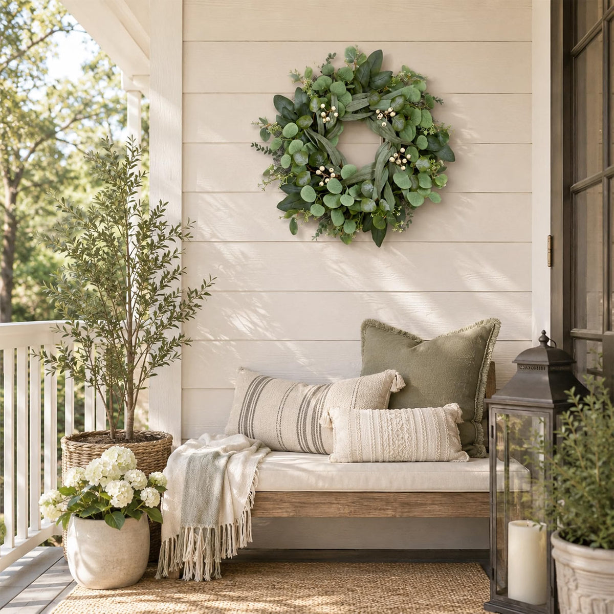 HyperionFlo Essentials 24-Inch Artificial Eucalyptus Wreath for Front Door, Greenery with White Berries, Fall & Year-Round Home Decor