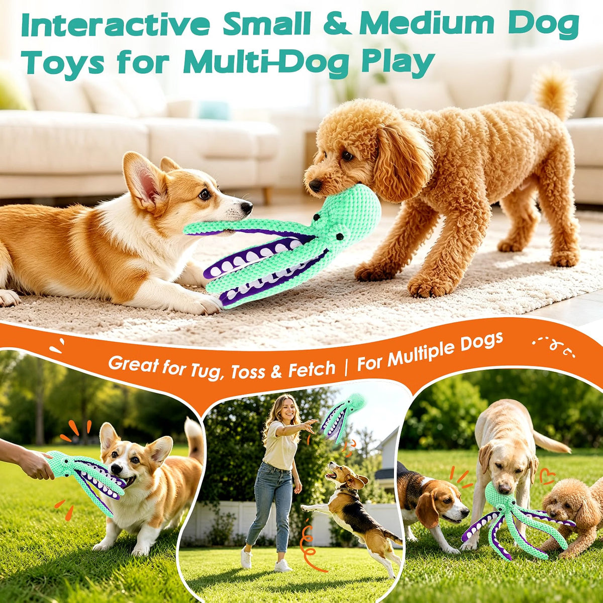 Fuufome Octopus Plush Dog Toy for Small Dogs & Puppies, 13-Inch Squeaky Crinkle Toy with Long Tentacles for Tug, Fetch & Cuddle, Machine Washable