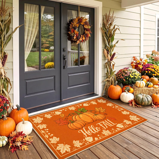 Acapet Fall Front Door Mat 3' x 5', Hello Pumpkin Welcome Mat, Seasonal Farmhouse Porch Rug with Non-Slip Backing, Washable Low-Pile Indoor Outdoor Entryway Mat