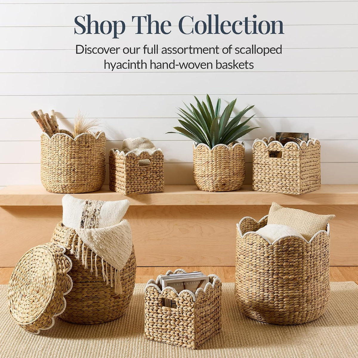 Best Choice Products 3pc Water Hyacinth Scalloped Multipurpose Nesting Baskets, Storage Bin Organization Totes for Living Room, Bedroom, Nursery, Laundry Room - Natural w/White Trim
