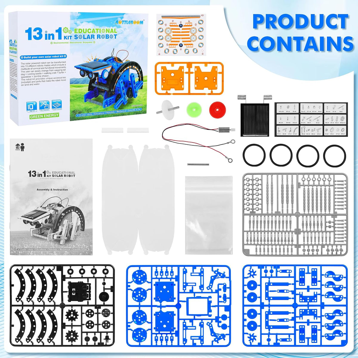Bottleboom STEM 13-in-1 Solar Robot Kit, Educational DIY Science & Robotics Building Set for Kids Ages 8+, Solar-Powered STEM Experiment Toy with 13 Robot Models