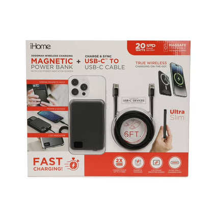 iHome 5000mAh Magnetic Power Bank, MagSafe Compatible Portable Charger with 20W Power Delivery, LCD Battery Display & 6-Ft USB-C Cable