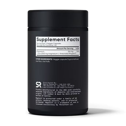 Sports Research Magnesium L-Threonate with Magtein, 120 Capsules
