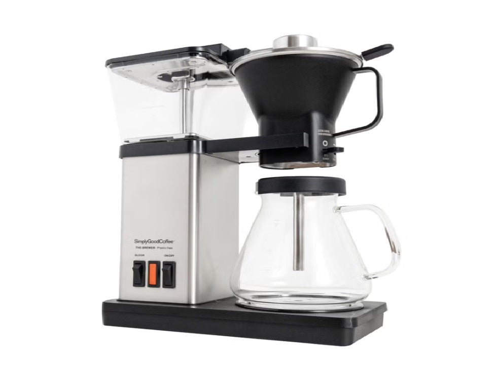Simply Good Coffee Plastic-Free Blooming Coffee Maker | 8-Cup Automatic Brewer with Glass Carafe
