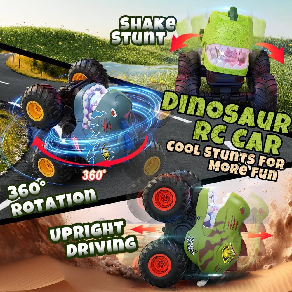 Drefirsa Dinosaur Monster Truck RC Car for Kids Ages 4-7, Remote Control Stunt Car with 360° Spin, 90° Two-Wheel Drive, Lights, Smoke Spray & Music, Green