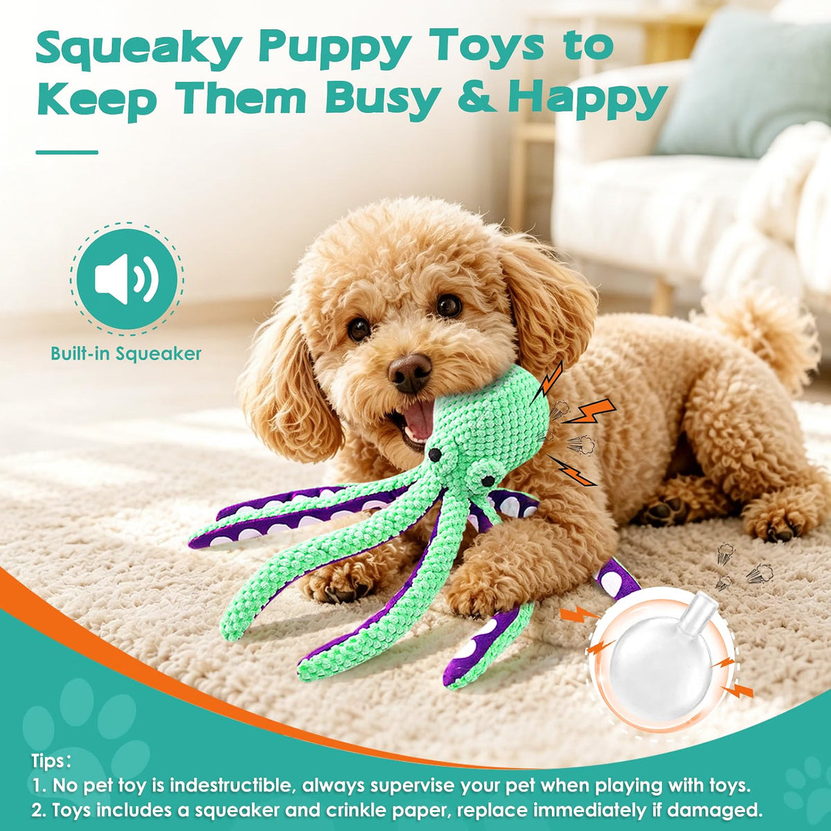 Fuufome Octopus Plush Dog Toy for Small Dogs & Puppies, 13-Inch Squeaky Crinkle Toy with Long Tentacles for Tug, Fetch & Cuddle, Machine Washable