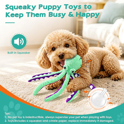 Fuufome Octopus Plush Dog Toy for Small Dogs & Puppies, 13-Inch Squeaky Crinkle Toy with Long Tentacles for Tug, Fetch & Cuddle, Machine Washable
